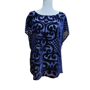Lane Bryant Navy Blue Velvet Burnout Damask Sheer Back Blouse Top Womens 14/16